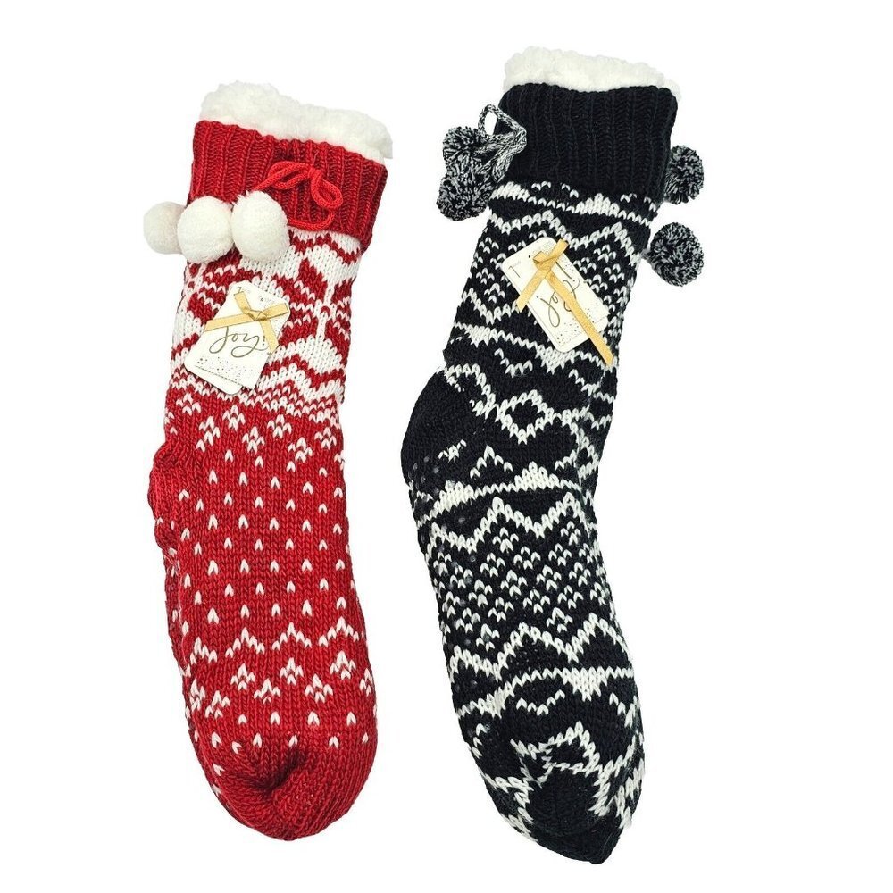Joy Knit Sherpa Lined Slipper Sock Set Christmas Lounge Grippers Red Snow Black